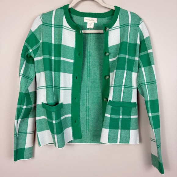 Cynthia Rowley Green Plaid Sweater Womens Small Button Front Pockets Preppy - Picture 7 of 7